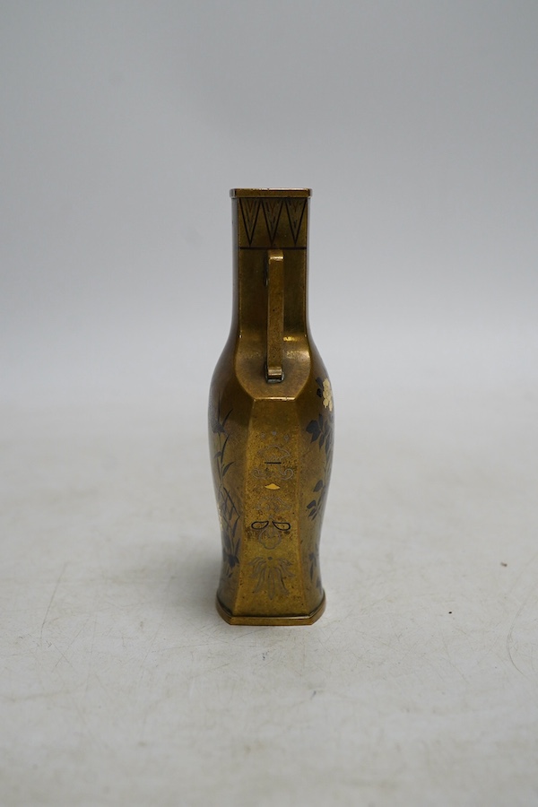 A Japanese inlaid twin handled miniature vase, Nogawa workshop, Meiji period, 10.5cm. Condition - fair to good, some light scratches